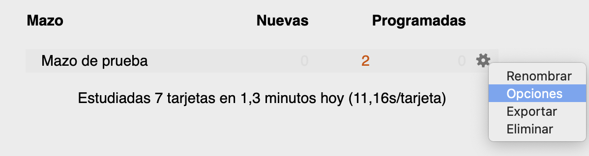 opciones de los mazos en anki